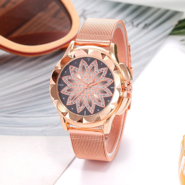 reloj mujer Women's Watches TOP Brand Female Clock Rose Gold Flower Rhinestone montre femme Women Wrist Watch relogio feminino